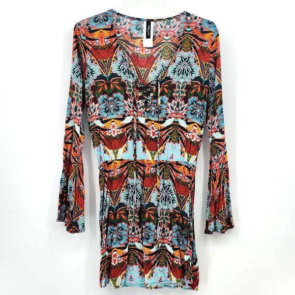 Kenneth Cole Bell Sleeve Dress Size Small Colorful Floral Retro Boho Chic Summer - Picture 1 of 8